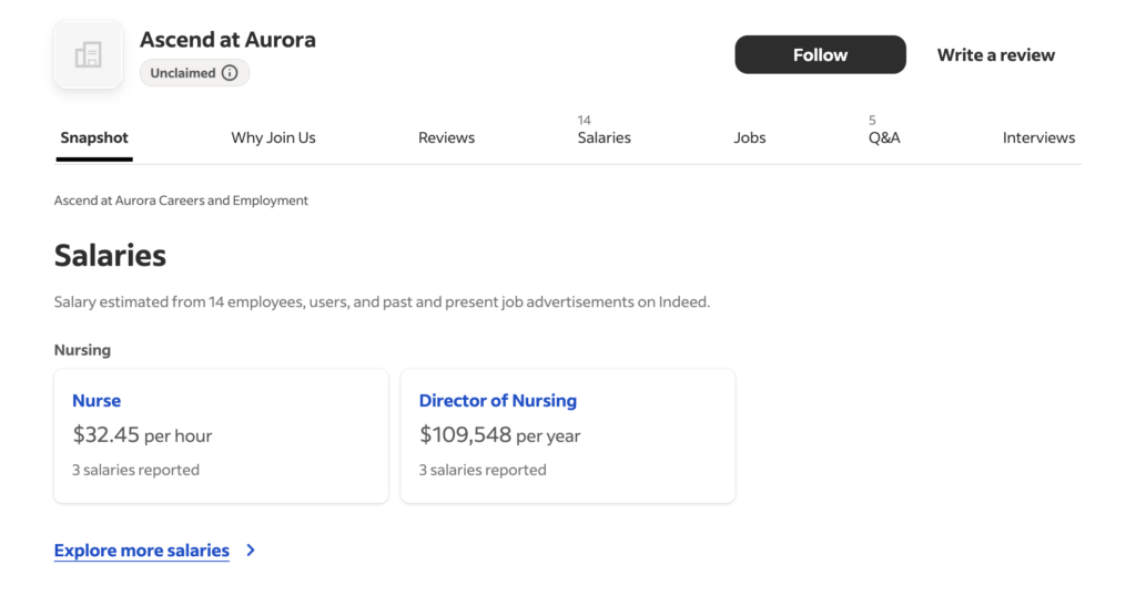 indeed page screenshot of career opportunities at Ascend at Aurora